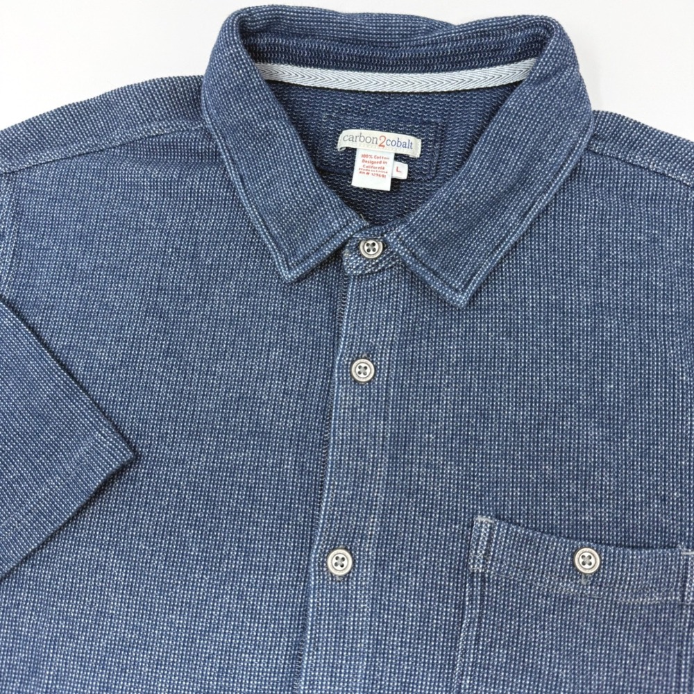 Carbon2Cobalt Mens Large Blue Textured Cotton Short Sleeve Button Up Shirt